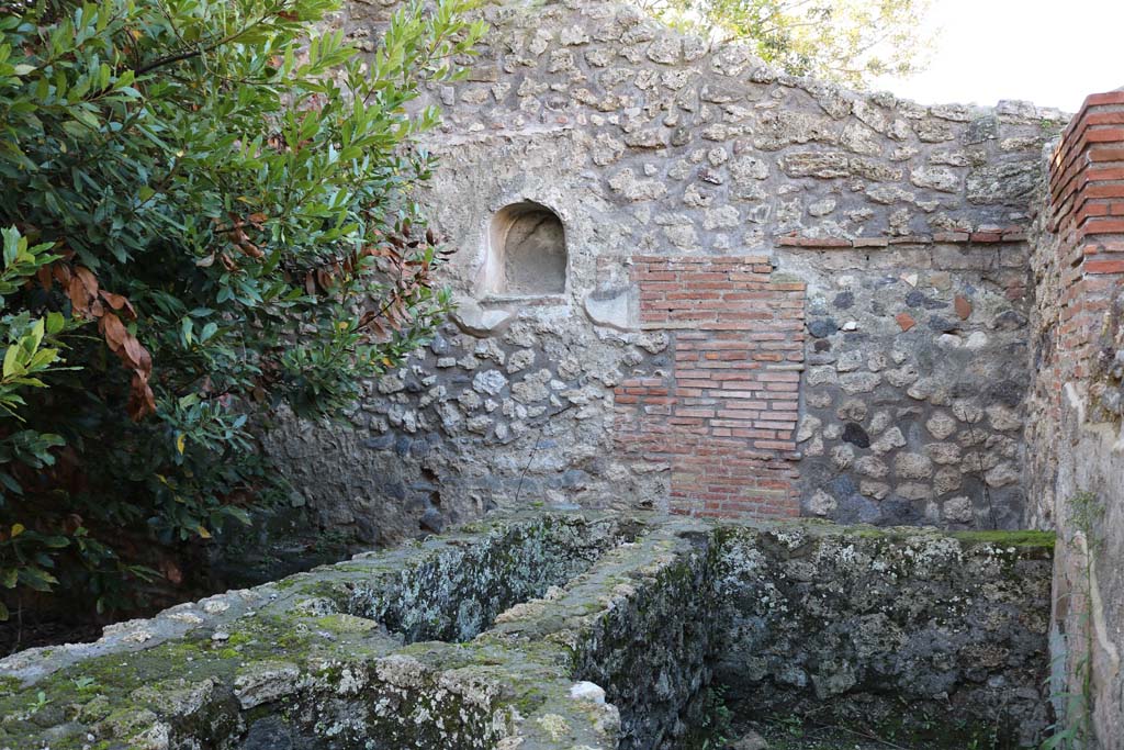 IX.2.24 Pompeii. December 2018. Looking towards west wall of yard. Photo courtesy of Aude Durand.
According to Boyce, a rectangular panel (h.1.57, w.1.15) of white stucco was spread on an otherwise bare wall.
In the middle of the panel was the arched niche (h.0.50, w.0.45, d.0.22, h. above floor 2.0).
See Boyce G. K., 1937. Corpus of the Lararia of Pompeii. Rome: MAAR 14. (p. 82, no. 403 and Pl. 24, 2.)