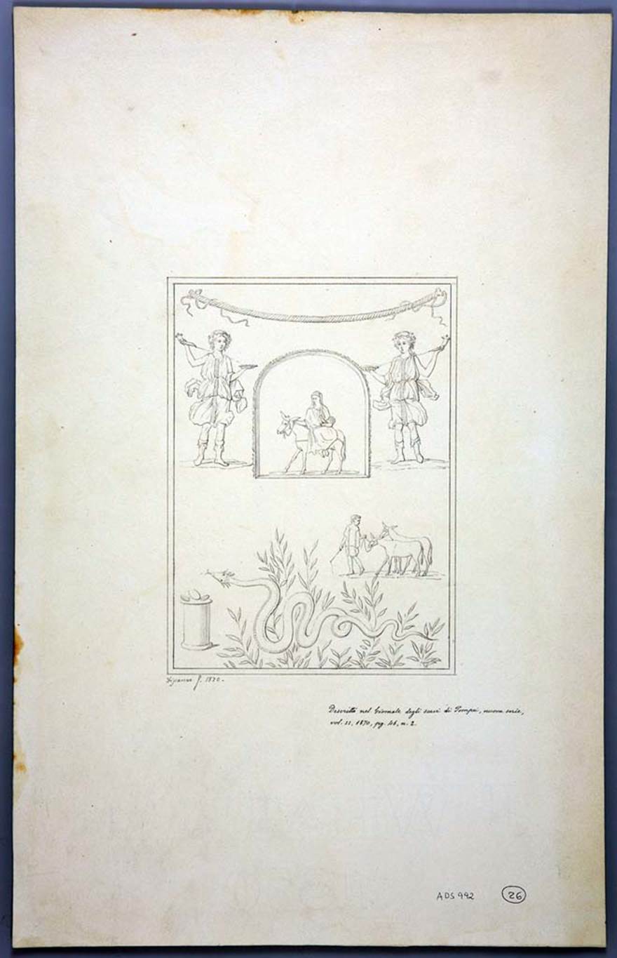 IX.2.24 Pompeii. Drawing by Geremia Discanno, 1870, of painting as seen on west wall with lararium and niche.
Now in Naples Archaeological Museum. Inventory number ADS 992.
Photo © ICCD. http://www.catalogo.beniculturali.it
Utilizzabili alle condizioni della licenza Attribuzione - Non commerciale - Condividi allo stesso modo 2.5 Italia (CC BY-NC-SA 2.5 IT)