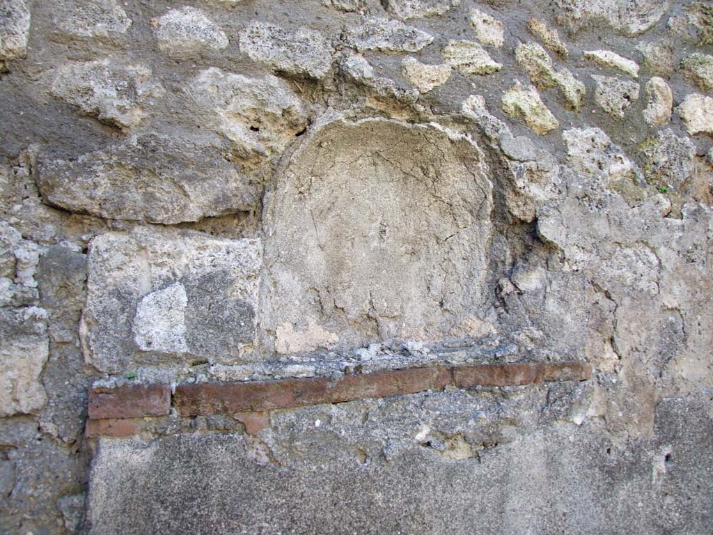 IX.3.2 Pompeii. March 2009. Niche on west wall of kitchen, latrine, cella penaria and well or fountain room. 
Boyce described this as the ruins of an arched niche.
See Boyce G. K., 1937. Corpus of the Lararia of Pompeii. Rome: MAAR 14. (p. 82, 407B)