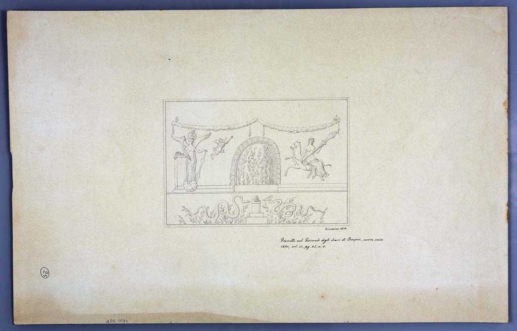 IX.3.12 Pompeii. Drawing by Geremia Discanno, 1870, of lararium painting seen on south wall, but now faded.  
Now in Naples Archaeological Museum. Inventory number ADS 1093.
Photo © ICCD. https://www.catalogo.beniculturali.it
Utilizzabili alle condizioni della licenza Attribuzione - Non commerciale - Condividi allo stesso modo 2.5 Italia (CC BY-NC-SA 2.5 IT)