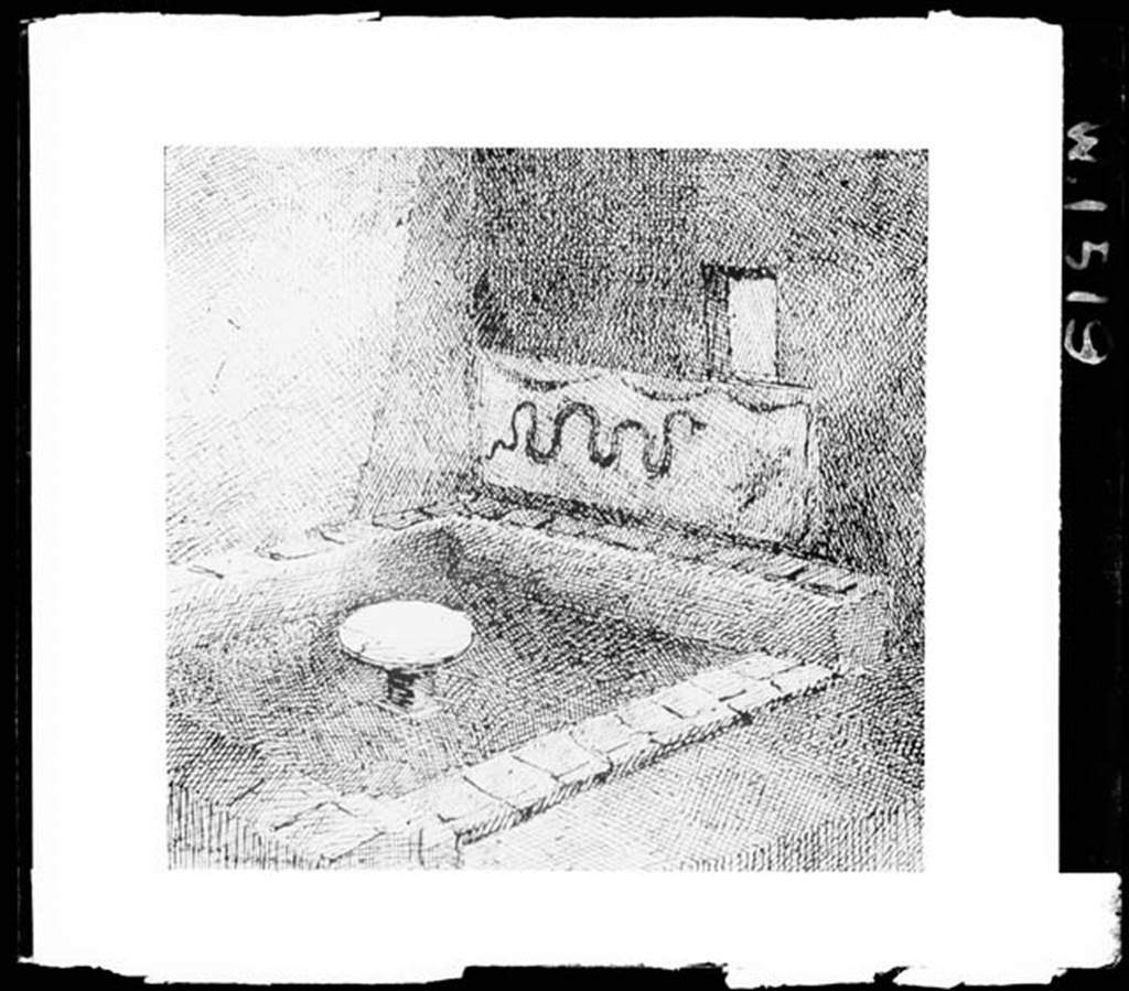 IX.3.20 Pompeii.  W.1519. Drawing of Room 8, the garden area, with lararium painting and serpent.
According to Warscher, this was a drawing after a drawing lost in Russia.
She located it as being from IX.3.17.
Photo by Tatiana Warscher. Photo © Deutsches Archäologisches Institut, Abteilung Rom, Arkiv.