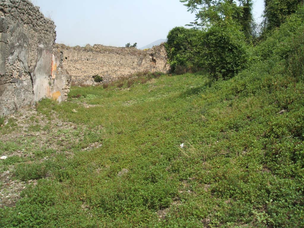 IX.6.g Pompeii. May 2005. Looking across site of atrium “2”, towards tablinum “d” and towards north wall of peristyle “4”.
According to Boyce –
In the north wall of the peristyle, near the north-east corner, is a large rectangular niche (h.1.13, w.0.87, d.0.38, h. above floor 0.88).
The walls of the niche were coated with uniform white stucco, and in its floor were two square depressions, as if for statue bases.
He thought the niche was unusually large for an ordinary lararium.
See Bullettino dell’Instituto di Corrispondenza Archeologica (DAIR), 1881, p. 22.
See Boyce G. K., 1937. Corpus of the Lararia of Pompeii. Rome: MAAR 14. (p. 87, no. 434).
According to Jashemski, the peristyle garden at the rear of the tablinum was enclosed by a portico on the south, east, north and most of the west sides.
The portico was supported by 12 columns, and 2 engaged columns, painted red below and white above.  
In the north wall of the peristyle near the north-east corner was a large rectangular niche. 
The garden is completely destroyed today.
See Jashemski, W. F., 1993. The Gardens of Pompeii, Volume II: Appendices. New York: Caratzas. (p. 239)
