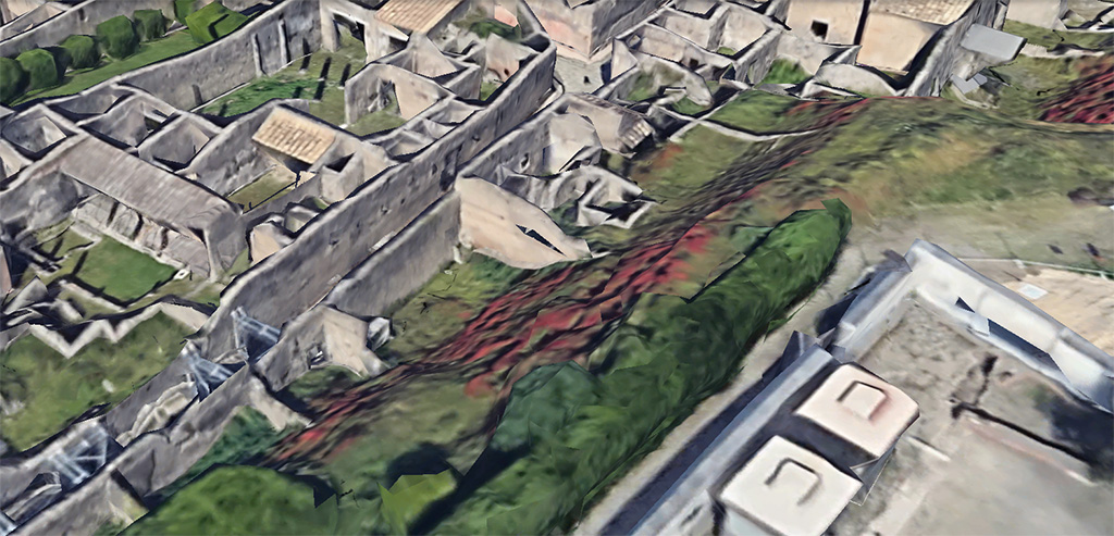 IX.7.14 or 16 Pompeii. 2023. 
Looking down from the Casina dell’Aquila towards a possible aedicula in the north-west corner of the garden area, in the centre of the photo.
Photo courtesy of Google Earth.
Due to the fact that the area has not been fully excavated, the garden area may belong to either house IX.7.14 or IX.7.16.