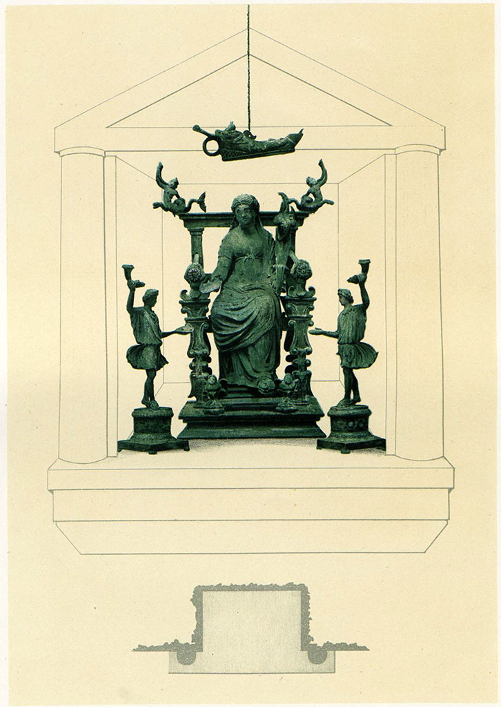 IX.7.20 Pompeii. 
Bronze lamp in the shape of a foot, and three bronze statuettes found in the rectangular niche in atrium.
See Niccolini F, 1890. Le case ed i monumenti di Pompei: Volume Terzo. Napoli, Isola VII Regione IX, Tav. III.