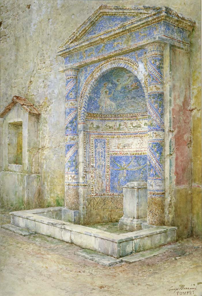 IX.7.20 (or 25) Pompeii. Undated watercolour by Luigi Bazzani.
Looking south-west towards fountain, and an aedicula niche on its south side.
Now in Naples Archaeological Museum, inv. no. 139427.
(described as “Fountain of the House of C. Virnius Modestus (IX 7, 16) in Pompeii”.