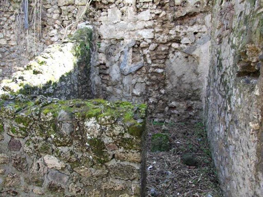 IX.9.g Pompeii. March 2009.   Looking south into doorway into cubiculum on south side of entrance atrium. On the left would be the east wall of the cubiculum, and straight ahead would be the south wall. The small hearth in the kitchen area would have been in the area behind the east wall, on the left. Boyce’s west wall would have been the other side of this “east wall”. According to Boyce, the hearth stood against the south wall of the atrium and on the west wall near it was the lararium painting.  Found in the cubiculum on the right of the entrance doorway was a small altar composed of a terracotta cylinder supporting a square plate of travertine.
See Boyce G. K., 1937. Corpus of the Lararia of Pompeii. Rome: MAAR 14. (p.94, no.469) 
According to Giacobello, on the south wall of kitchen (e) was a lararium painting (not conserved). Perhaps this does not apply to this house, as it is headed IX.9.7, (IX.9.g?)
See Giacobello, F., 2008. Larari Pompeiani: Iconografia e culto dei Lari in ambito domestico.  Milano: LED Edizioni. (p.216)