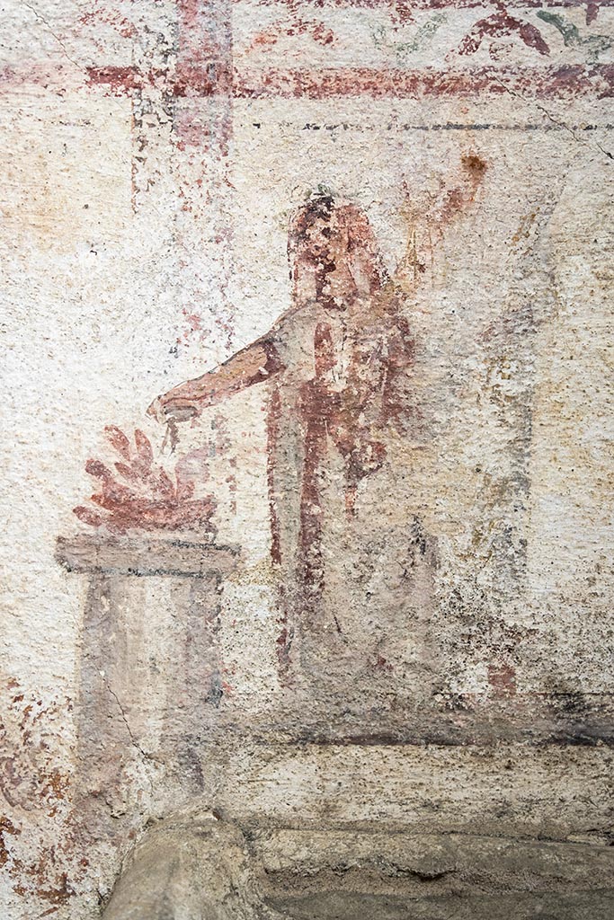IX.10.1, Pompeii. July 2024. 
Room 12, south wall, detail of painted lararium. Photo courtesy of Johannes Eber.