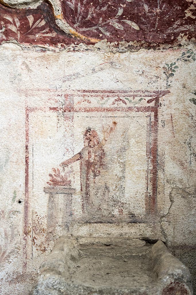 IX.10.1, Pompeii. July 2024. 
Room 12, south wall, painted lararium above altar. Photo courtesy of Johannes Eber.
The altar is surmounted by a painted rectangular aedicule terminating in vegetal whorls, and which frames the Genius patris familias with cornucopia and patera making libations at a circular altar.
L’altare è sormontato da un’edicola rettangolare dipinta e terminante in girali vegetali, che inquadra il Genius patrisfamilias con cornucopia e patera che compie libagioni presso un altare circolare.
See PAP e-journal 6, 28.09.2023, p. 65, fig. 14. Download: PAP e-journals 2023 collection volumes 01-09