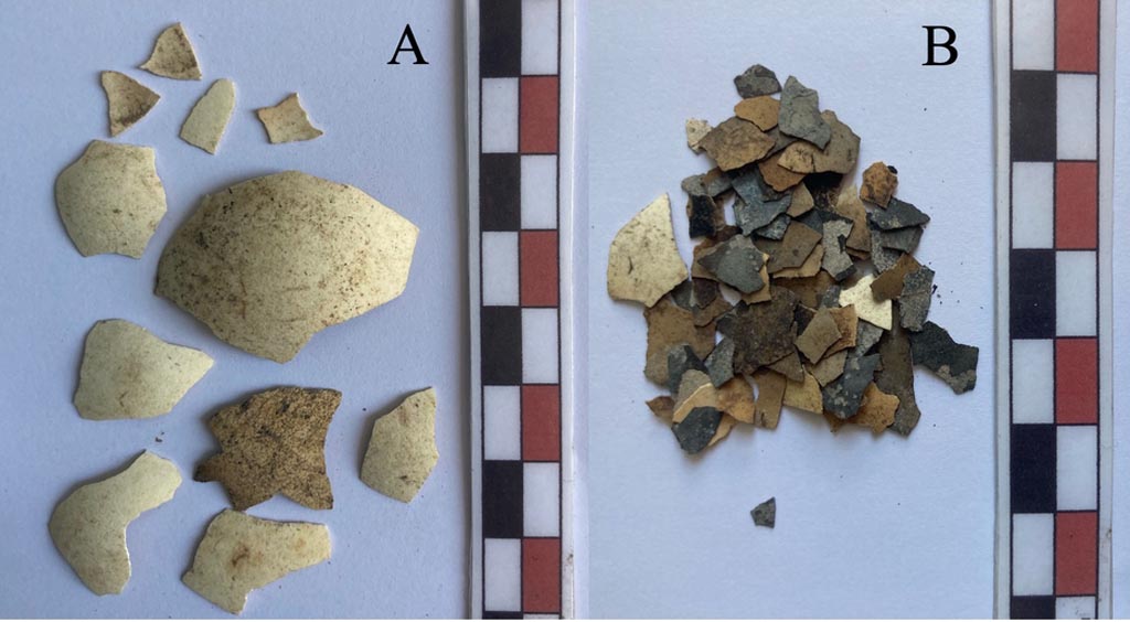 IX.10.1 Pompeii. Lararium and altar recently found in room 12.
Eggshell fragments from the surface level (A) and the deepest layer (B). There is a greater degree of fragmentation and widespread traces of combustion for the remains coming from the deeper level. 
Frammenti di guscio d’uovo dal livello superficiale (A) e da quello più profondo (B). Si nota un maggiore grado di frammentazione e diffuse tracce di combustione per i resti provenienti dal livello più profondo.
See PAP e-journal 6, 28.09.2023, p. 68, fig. 20. Download: PAP e-journals 2023 collection volumes 01-09 
Photograph © Parco Archeologico di Pompei.