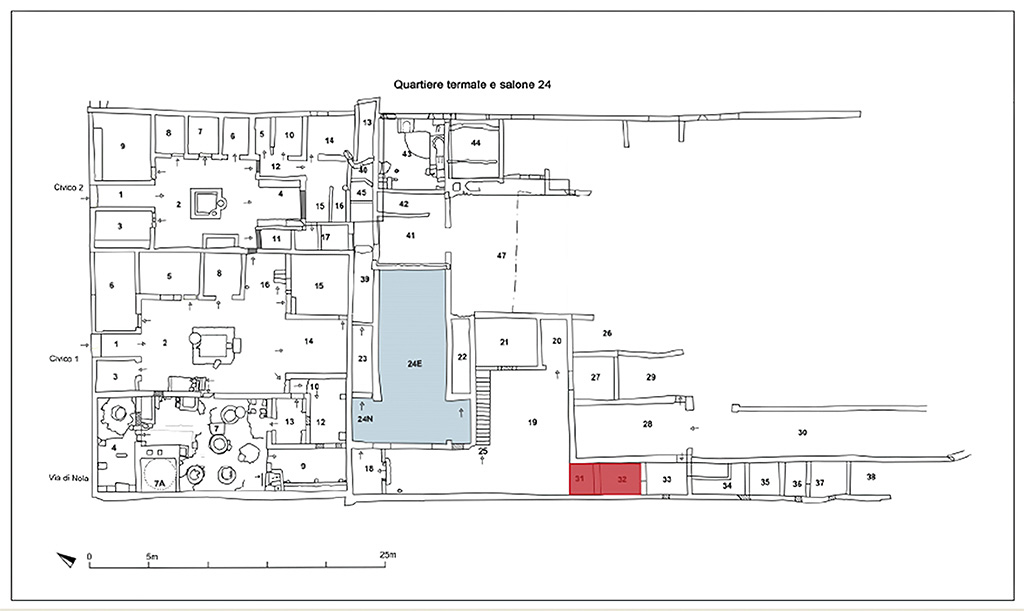 IX.10 Pompeii. House on west side of insula, south of IX.10.1. June 2024. Plan showing location of sacrarium 32, with ante-room 31.
See PAP press release 3rd June 2024
Download PAP 15-E-Journal-Sacrario-Regio-IX.pdf Tav. 1.
Photograph © Parco Archeologico di Pompei.