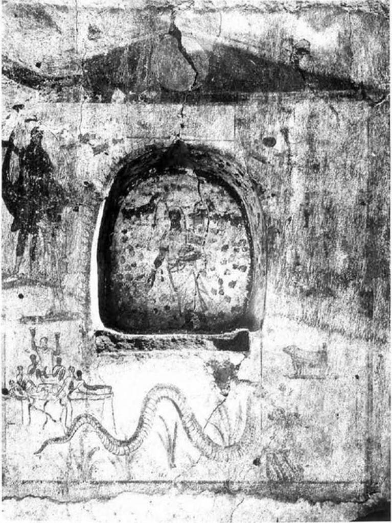 IX.14.4 Pompeii. 1911. Lararium in kitchen 18 at the time of excavation.
See Notizie degli Scavi di Antichità, 1911, p. 217, Fig. 3.