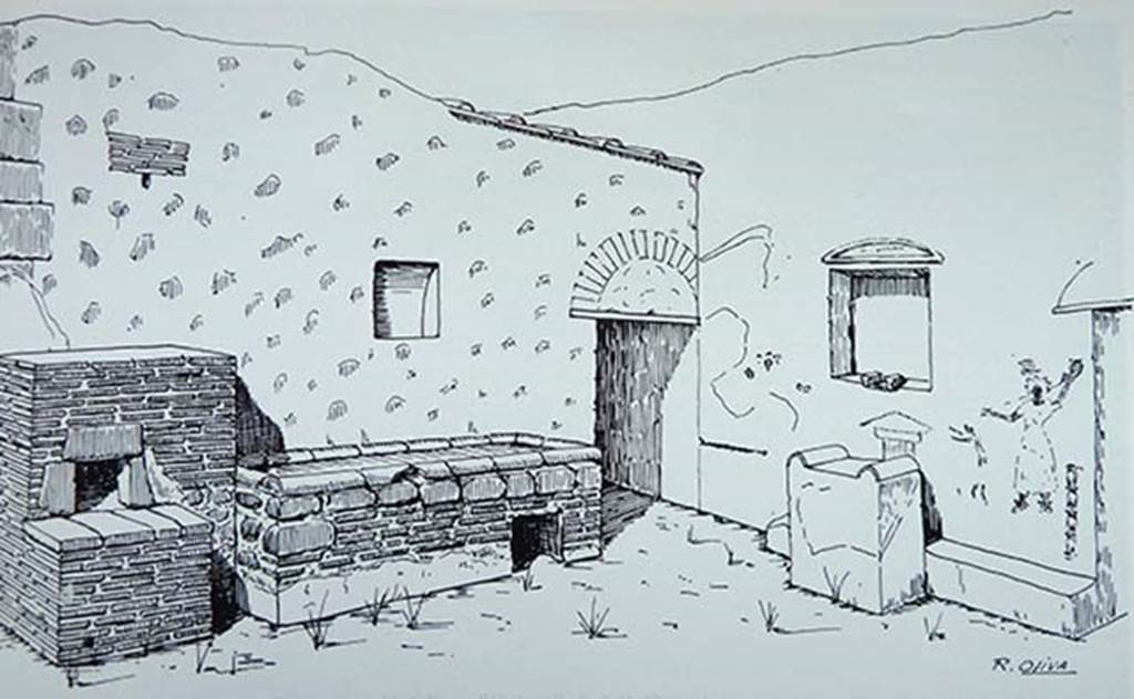 Villa of Mysteries, Pompeii. Drawing of west and north walls of kitchen courtyard with remains of painted lararium on right, by R.Oliva.  See Maiuri, A. (1967 ed). La Villa dei Misteri, (p.36-7)