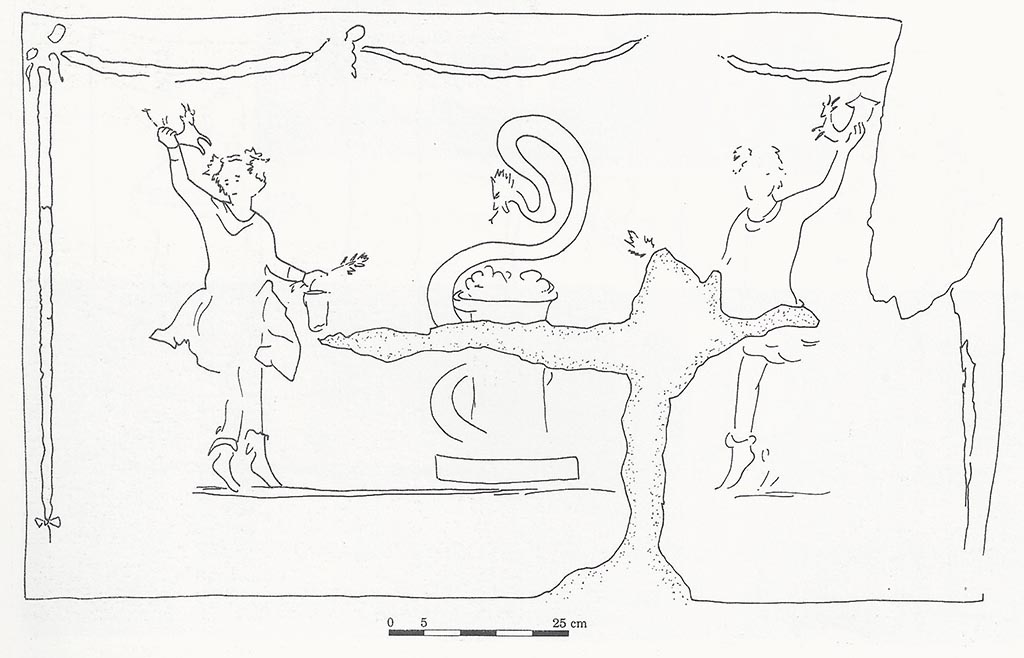 Villa San Marco, Stabiae. Room 26, drawing of lararium painting originally on south-east wall of kitchen 26. 
On 14th February 1752 the lararium painting was detached and taken away to the museum.
The two Lares are at the sides with an altar between them on which is an offering. 
Coiled around the altar is a crested and bearded serpent in an aggressive attitude.
Now in Naples Archaeological Museum. Inventory number 733.
See Giacobello, F., 2008. Larari Pompeiani: Iconografia e culto dei Lari in ambito domestico. Milano: LED Edizioni. (p. 223)
See Barbet, A, Miniero P, et al. (1999). La Villa San Marco a Stabia. L’Erma di Bretschneider, Rome. (Fig. 39).