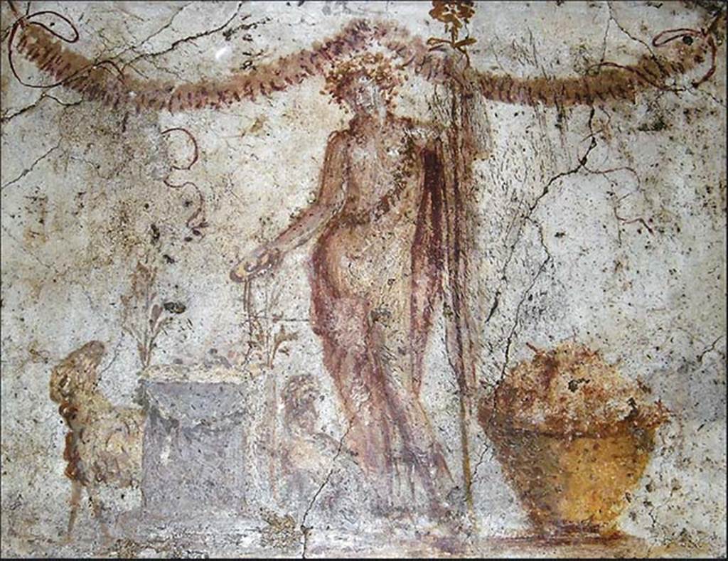 Boscoreale, contrada Pisanella Villa rustica detta di Asellius. 
Stolen fresco recovered in 2009. Room 22 on eastern side, rectangular niche with a sacred painting of Bacchus on the back wall.
In the second room north of that described in "B", in the S. wall is a rectangular niche at the height of about 2.0 from the floor, and upon the white ground of the back wall is a sacred painting of Bacchus. The god is standing, wears chlamys and high boots, and upon his head he has a wreath of vine leaves; in the l. he holds a thyrsus and with the r. pours a libation from a patera upon a square altar adorned with garlands; beside the altar stand two rams, their heads turned to the god. On the ground, to the r. of Bacchus, is a large basket of grapes. Across the top of the painting is a fruit garland suspended from painted nails. A strip of white stucco (w. 0.28) surrounds the niche on all sides and upon it, above and at the sides of the niche is painted a festoon of coloured flowers; below the niche a single crested serpent advances to the l. towards a yellow cylindrical altar furnished with offerings.
Not. Scavi, 1921, 434.
See Boyce G. K., 1937. Corpus of the Lararia of Pompeii. Rome: MAAR 14, 498, p. 99f.