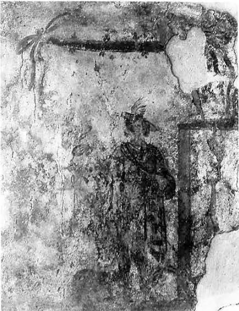 From an unknown room in the Villa Romana, Minori.
Fragment, painting moderately to severely faded. 
Minori, Antiquarium della Villa Romana, without lnv. No.
Lit: P.C. Sestieri, FA 11, 1956, 4717; ibid., FA 15, 1960, 4446; L. Fergola, AnnAStorAnt 1, 1979. 139ff. Fig. 60.4.; M. Romito, in: Le ville romane dell'eta imperiale. Itinerari turistico-culturali in Campania 3 (1986) 86.
White-ground wall surface.
Mercury is standing in the centre of the picture, weight on his right leg, dressed in a white tunic with angusticlavi, a greenish chlamys and the petasos. Wings are visible on his feet. The god holds the caduceus diagonally in front of his body with his lowered left hand and carries the very large bluish marsupium in his lowered right hand. The upright rectangular structure to the god's left is probably the remains of a very large sacrificial altar on which a fire is burning.
On the upper edge is painted a reddish, dark red and green bordered garland.
Dating: Fourth Style.
The fragment is one of a group of paintings that came to light during an excavation during the construction of the Hotel S. Lucia. L. Fergola, AnnAStorAnt 1, 1979, 134 assumes, due to the proximity of the site to the only partially uncovered Villa Romana, that the rooms discovered by Sestieri belong to the villa.
See Fröhlich, T., 1991. Lararien und Fassadenbilder in den Vesuvstädten. Mainz: von Zabern, L123, p. 304, Taf. 47,3.