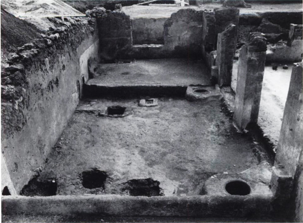 53. Scafati, Villa N. Popidi Narcissi Maioris. Room 4 with two dolia and two altars.
Accanto ai dolii, appoggiati alla parete O ed addossati al bordo dei fora sono due altarini molto semplici rivestiti di intonaco con pulvini in muratura. Quello posto a NO (alt. m. 0,32; largh. m. 0,29; prof. m. 0,17) e quello posto a SO (alt. m. 0,40; largh. m. 0,33; prof. m. 0,18) presentano all'incirca anologhe dimensioni e la medesima struttura. Essi erano dedicati al dio nume tutelare della premitura con molta probabilità Dioniso, le cui immagini sono state rinvenute nei torcularia di altre ville portale alla luce.
Next to the dolia, leaning against the O wall and leaning against the edge of the fora are two very simple altars covered with plaster and with masonry capping. The one on the NW side (h. 0.32 m; w. 0.29 m; d. 0.17 m) and the one on the SW side (h. 0.40 m; w. 0.33 m; d. 0.18 m) are of approximately the same size and structure. They were dedicated to the deity protecting the pressing, most likely Dionysus, whose images have been found in the torcularia of other villas brought to light.
See Conticello de' Spagnolis, M., 2002. La villa "N. Popidi Narcissi Maioris": in Scafati, suburbio orientale di Pompei, p. 45, fig. 24
