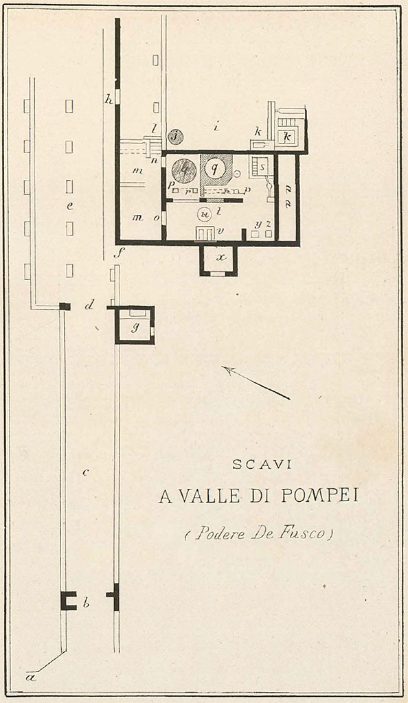 Valle di Pompei, Fondo de Fusco. 1887. Plan by Ludovico Pepe.
See Pepe L, 1887. Memorie Storiche dell’Antica Valle di Pompeii, Tav. I.