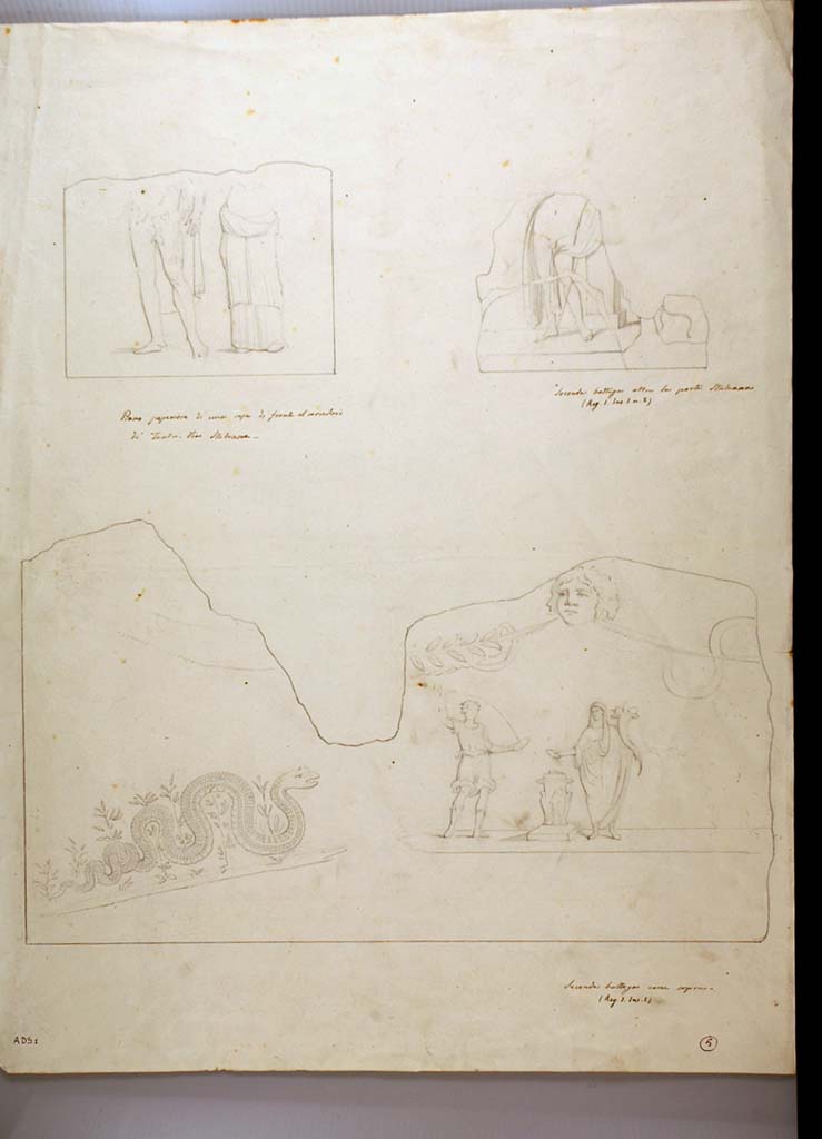 I.1.2 Pompeii. ADS 1. Drawing by Geremia Discanno of three drawings from Reg. I.
Written beneath, 
Top left – upper floor of a house facing the corridor of the theatre, Via Stabiana, (perhaps 1.2.6 or 1.2.10?).
Top right – second shop after the Stabian Gate, I.1.2, (Sogliano 161).
Below – second shop, as above. (Sogliano 19).
Now in Naples Archaeological Museum. Inventory number ADS 1.
Photo © ICCD. https://www.catalogo.beniculturali.it
Utilizzabili alle condizioni della licenza Attribuzione - Non commerciale - Condividi allo stesso modo 2.5 Italia (CC BY-NC-SA 2.5 IT)
See Sogliano, A., 1879. Le pitture murali campane scoverte negli anni 1867-79. Napoli: Giannini. (p.38, no.161, and p.11, no.19).
According to Kuivalainen, describing the painting on the top right –
“On the left, a youth is standing with his weight on his right foot. He wears a violet himation over his back and across his left thigh; he leans with his left arm on a dark blue pillar. On the right stands (?) a panther with dark spots on yellowish fur, his hind legs and long tail visible, facing the figure. There seem to be rocks in the landscape.”
See Kuivalainen, I., 2021. The Portrayal of Pompeian Bacchus. Commentationes Humanarum Litterarum 140. Helsinki: Finnish Society of Sciences and Letters, (p.107, C1).