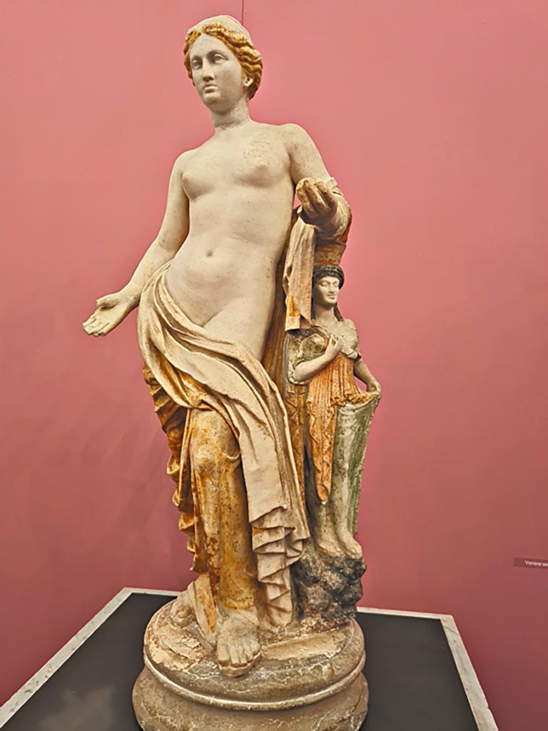 I.2.17 Pompeii. October 2023. 
Statuette of Venus from Room 13, east wall, found in March 1873. 
Now in Naples Archaeological Museum. Inventory number 109608.
On display in “L’altro MANN” exhibition, October 2023. Photo courtesy of Giuseppe Ciaramella.
According to Fiorelli –
“Found in a niche faced with marble, this standing statuette of Venus leaning against her idol, still keeping the colours in which it had been painted.” 
See Pappalardo, U., 2001. La Descrizione di Pompei per Giuseppe Fiorelli (1875). Napoli: Massa Editore. (p.36)