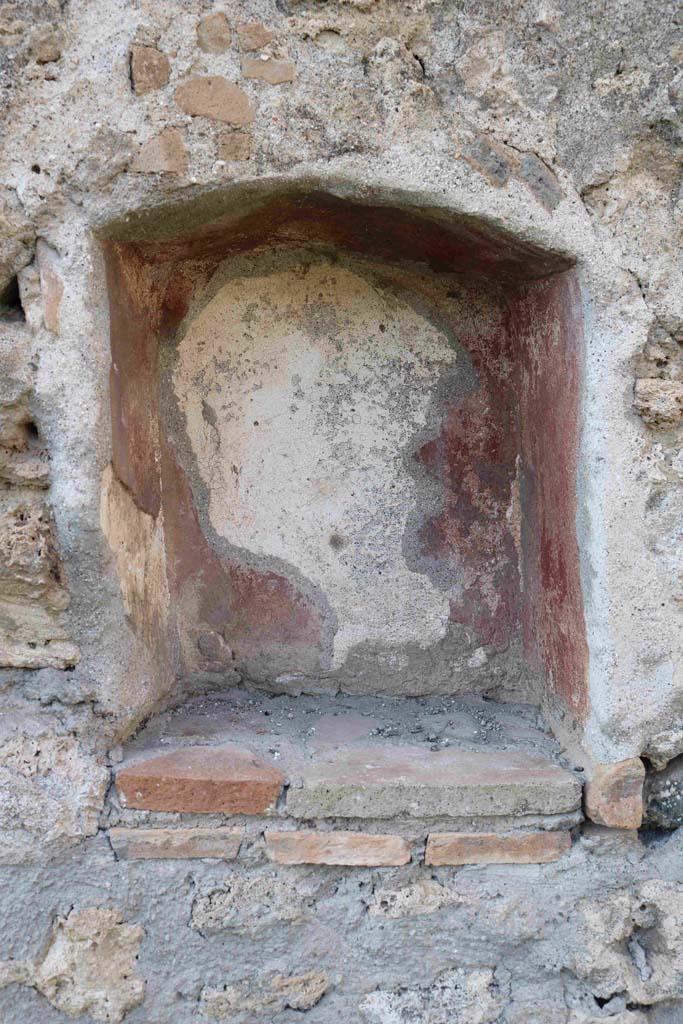 I.2.22 Pompeii. September 2018. Room 1, north wall with niche. Photo courtesy of Aude Durand.
According to Boyce – 
In the room into which one enters directly from the street, in the north wall is an irregular rectangular niche (h.0.50, w.0.42, d.0.25, h. above floor 1.40) with peaked ceiling, its interior walls painted red.
See Boyce G. K., 1937. Corpus of the Lararia of Pompeii. Rome: MAAR 14. (p.23, no.14).
