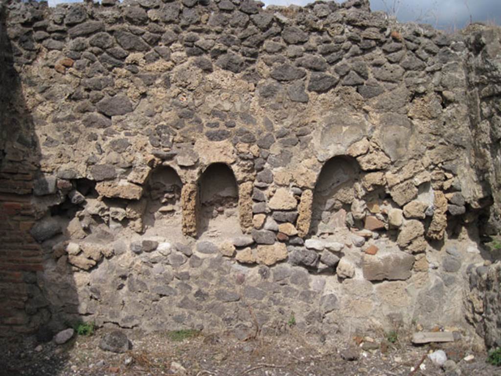 I.3.8b Pompeii. September 2010. North wall with niches. According to Fiorelli, “in the kitchen, other than the hearth, one finds two niches for the worship of the domestic gods”.
See Pappalardo, U., 2001. La Descrizione di Pompei per Giuseppe Fiorelli (1875). Napoli: Massa Editore. (p.39.  Photo courtesy of Drew Baker.