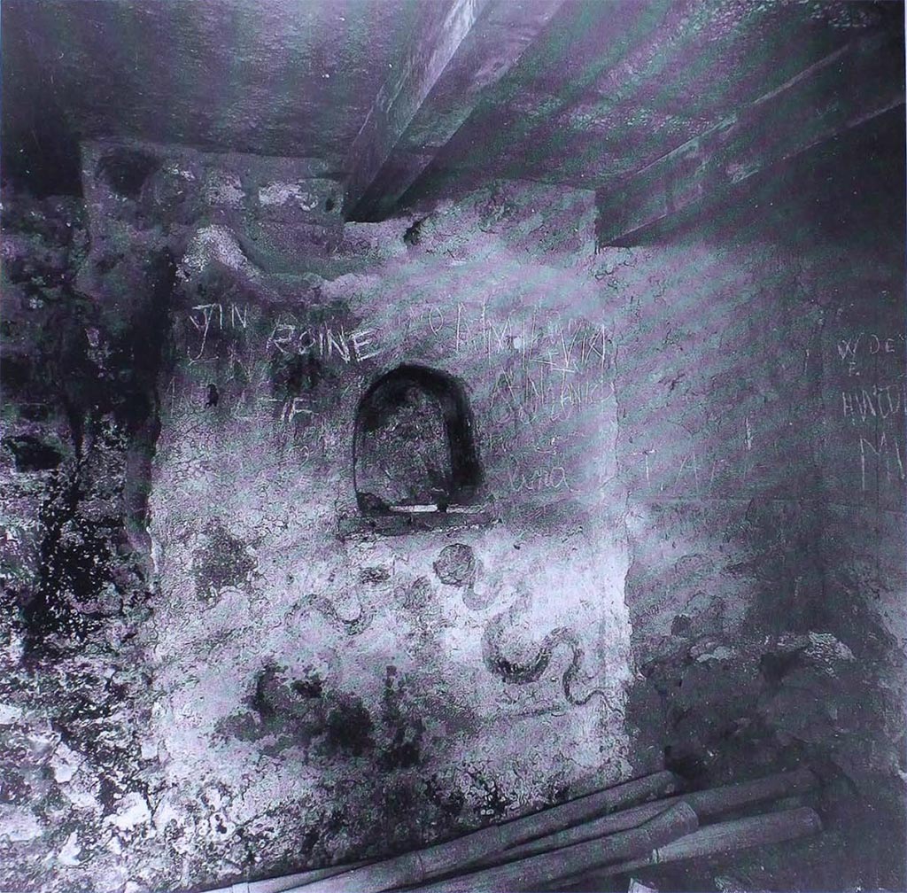 I.8.18 Pompeii. 1977. Lararium and niche in room 8.
See Carratelli, G. P., 1990-2003. Pompei: Pitture e Mosaici: Vol. 1. Roma: Istituto della enciclopedia italiana, p. 918.