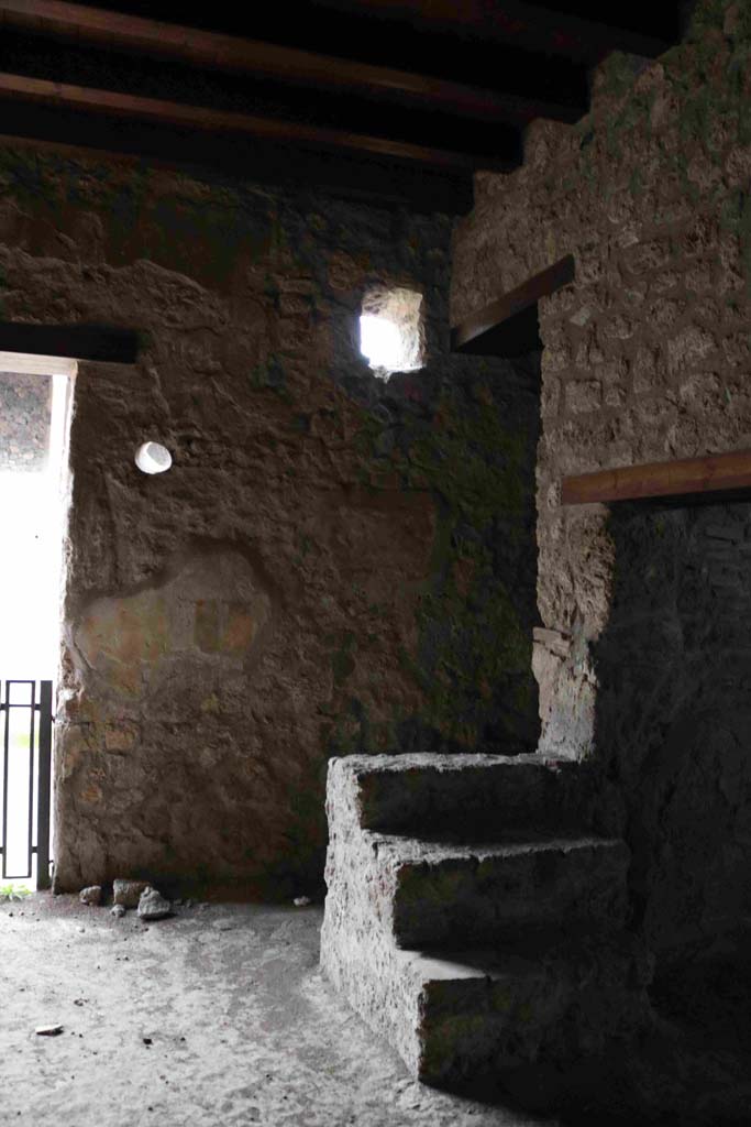 I.10.1 Pompeii. December 2018. 
Looking towards north wall of atrium, and steps to upper floor. Photo courtesy of Aude Durand.