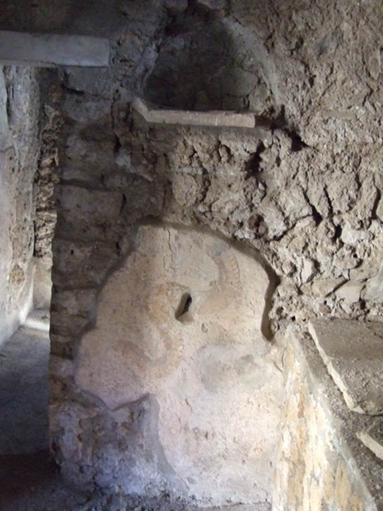 I.10.11 Pompeii. March 2009. Room 15, niche and Lararium painting on east wall of kitchen. According to Boyce, the arched niche was fitted with a heavy stucco cornice ornamented with an egg design in relief.
The interior walls were white and unpainted, a projecting tile formed the floor. See Boyce G. K., 1937. Corpus of the Lararia of Pompeii. Rome: MAAR 14. (p.29, no.59 and Pl.10, 2). See Fröhlich, T., 1991. Lararien und Fassadenbilder in den Vesuvstädten. Mainz: von Zabern.  (L17, p.256). See Giacobello, F., 2008. Larari Pompeiani: Iconografia e culto dei Lari in ambito domestico.  Milano: LED Edizioni. (21: p.148-9).