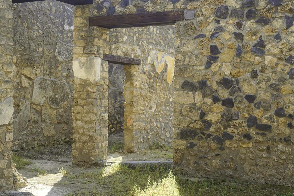 I.11.1 Pompeii. August 2021. Looking south-east across atrium. Photo courtesy of Robert Hanson.
The doorway on the left in the south-east corner of atrium went into a room for customers, against the north and east wall were benches, and a lararium niche was set into the east wall.
The doorway, in the centre, led into another room for customers (?). 
On its east wall, where yellow plaster is visible, was a painting of Venus and Dionysus, now destroyed.
See Carratelli, G. P., 1990-2003. Pompei: Pitture e Mosaici: Vol. II. Roma: Istituto della enciclopedia italiana, (p.512-515, nos. 8-13).
Kuivalainen describes – 
“A composition of two figures standing in a landscape. On the left stands a youth with his weight on his right foot, leaning on a pillar; he wears a nebris falling from his left shoulder over his chest, and a cloak covering his left thigh but mostly falling on the column; he looks downwards at his right hand, pouring wine from a cantharus; in his left hand he holds a thyrsus. A panther sits with its left foreleg raised and drinks the wine. On the right stands a naked female figure with her weight on her right foot; in her raised right hand she holds a mirror, towards which she bends he head, and the raised left hand touches her hair; a cloak is falling down from her upper arm.”
Kuivalainen comments –
“A young Bacchus with a panther and a naked female, perhaps Venus by her appearance.”
See Kuivalainen, I., 2021. The Portrayal of Pompeian Bacchus. Commentationes Humanarum Litterarum 140. Helsinki: Finnish Society of Sciences and Letters, (p.130, D8).
