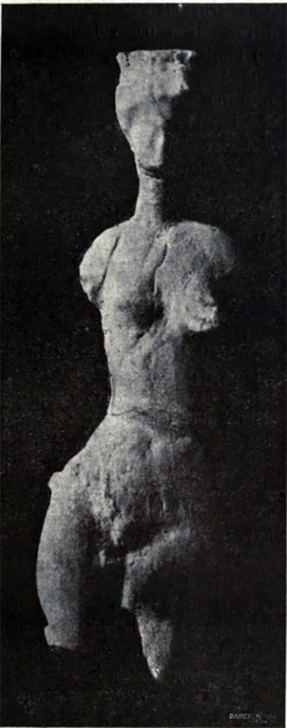 II.1.1 Pompeii. 1917. 
Pseudo-alabaster statuette of Venus found in fragments below the lararium niche.
It was of very rough workmanship but had been gilded originally. 
See Notizie degli Scavi di Antichità, 1917, p. 251-3, fig. 6.