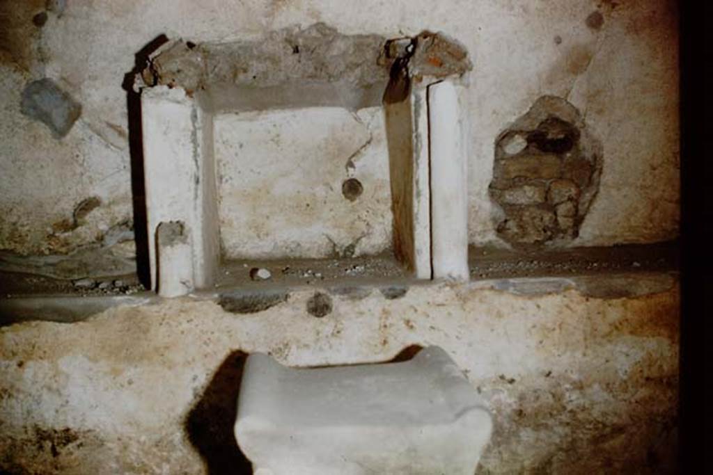 II.3.6 Pompeii. 1959. Sacellum. Remains of aedicula lararium built against the north wall with altar below. Photo by Stanley A. Jashemski.
Source: The Wilhelmina and Stanley A. Jashemski archive in the University of Maryland Library, Special Collections (See collection page) and made available under the Creative Commons Attribution-Non Commercial License v.4. See Licence and use details.
J59f0455