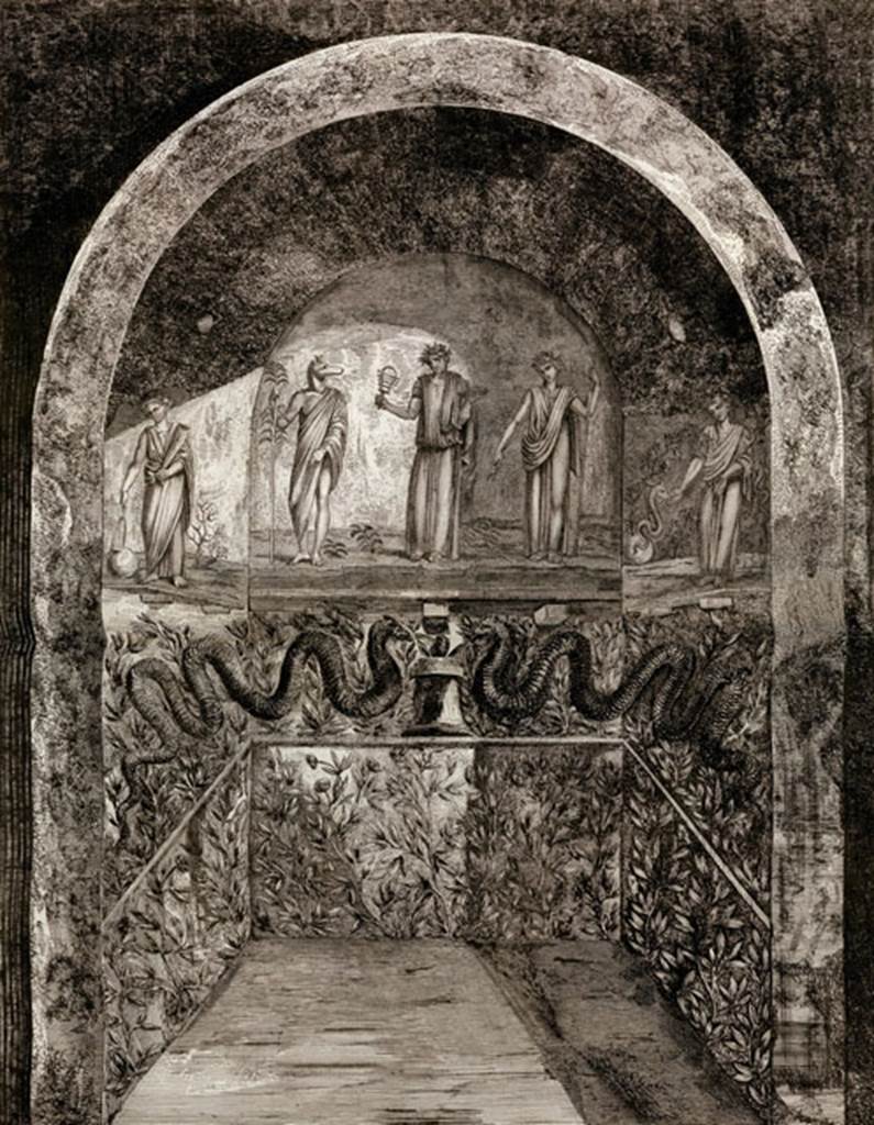 II.4.6 Pompeii. 1807. Engraving of the sacrarium.
According to Boyce, on three walls of a small sacellum-like room with vaulted ceiling, were sacred paintings.
These were done on a white background above a dado filled with plants.
In the centre, was Isis seated upon a throne.
On her left stood Anubis, wearing a dark garment and sandals, his head turned towards Isis.
On the left side wall were poorly preserved figures, a woman who seemed to be rolling a globe on the floor, and a male figure holding a cornucopia.
On the right of Isis in the centre, stood a poorly preserved figure holding a staff in right, and a cornucopia in the left hand.
On the right-side wall stood a female figure, holding in her right hand, a shallow dish with eggs and fruit, which she is offering to a serpent.
See Boyce G. K., 1937. Corpus of the Lararia of Pompeii. Rome: MAAR 14.  (p.95, no.471)
Piranesi described it as “Niche dans le temple d’Isis a Pompeia”.
Fröhlich attributed it to this house and comments that Piranesi and Helbig contradict each other on some points. 
This sacrarium was taken to the Museum at Portici and reconstructed there, and then transferred to the National Museum. 
By around 1885, it had faded and perished apart from the lower portion showing the serpents.
In Naples Archaeological Museum it was inventory number 9693.
See Pagano, M. and Prisciandaro, R., 2006. Studio sulle provenienze degli oggetti rinvenuti negli scavi borbonici del regno di Napoli.  Naples: Nicola Longobardi. (p.17 and note 47).
See Piranesi F., 1807. Antiquités de la Grande Grèce, aujourd'hui royaume de Naples. Paris: Etablissement des Beaux-Arts. (Plate 1).
See Fröhlich, T., 1991. Lararien und Fassadenbilder in den Vesuvstädten. Mainz: von Zabern. (L40, p. 265, Taf 30,1).
See Helbig, W., 1868. Wandgemälde der vom Vesuv verschütteten Städte Campaniens. Leipzig: Breitkopf und Härtel. (No 79).
See Parslow, C.C. (1998). Rediscovering Antiquity: Karl Weber and the Excavation of Herculaneum, Pompeii and Stabiae. UK, Cambridge UP (p.110, & p.345, notes 8 & 9)