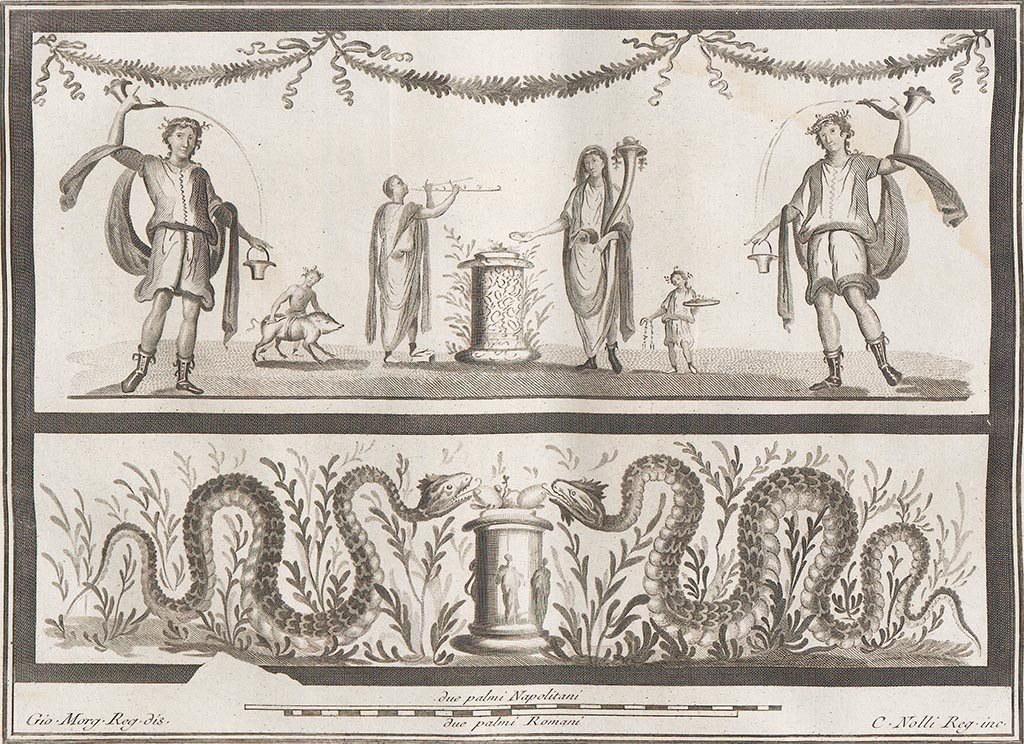 VII.6.38 or II.4.3/6 Pompeii. 
Lararium painting (h.1.21, w.1.78) described by Boyce as being found in the Villa of Julia Felix, but exact location unknown.
He quoted the references Helbig 56: PAH I, i, 133: I. ii. 143 (June 6, 1761): Antichità di Ercolano, Pitture IV, 65, and pl.13.
See Boyce G. K., 1937. Corpus of the Lararia of Pompeii. Rome: MAAR 14. (p.95, no.470). 
According to Fröhlich - this was found in Reg. VII or VIII.  
See Fröhlich, T., 1991. Lararien und Fassadenbilder in den Vesuvstädten. Mainz: von Zabern. (L98, T: 10,2).
Pagano and Prisciandaro show this as being from VII.6.38.
See Pagano, M., and Prisciandaro, R., 2006. Studio sulle provenienze degli oggetti rinvenuti negli scavi borbonici del regno di Napoli. Naples: Nicola Longobardi.  (p.39).