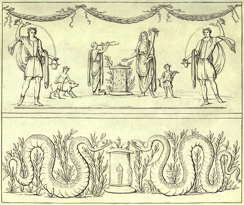 VII.6.38 Pompeii. Pre-1843. Drawing by Abbate of the Lararium painting in the kitchen.
Now in Naples Archaeological Museum, inventory number 8905.
See Raccolta de più interessante Dipinture e di più belle Musaici rinvenuti negli Scavi di Ercolano, di Pompei, e di Stabia. 1843. Napoli.