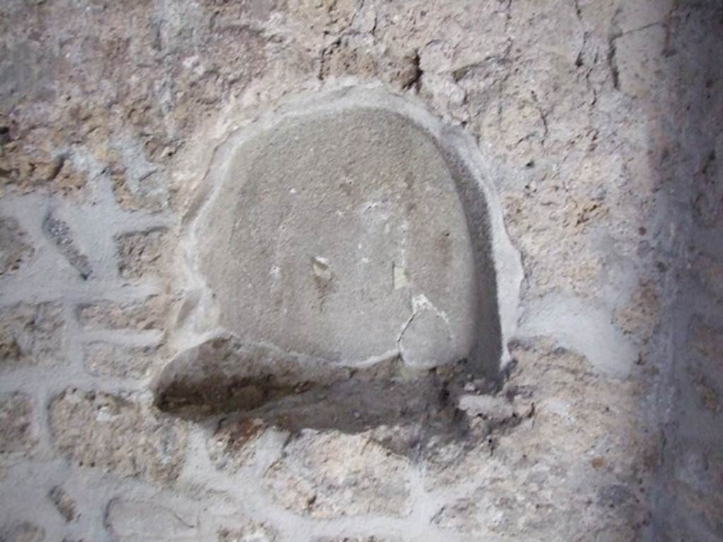 III.2.1 Pompeii. March 2009. Room 11, niche on south wall. 
According to Boyce, this arched niche (h.0.55, w.0.60, d.0.17, h. above floor 1.10) is above the hearth.
See Boyce G. K., 1937. Corpus of the Lararia of Pompeii. Rome: MAAR 14. (p. 30, no. 64).
See Giacobello, F., 2008. Larari Pompeiani: Iconografia e culto dei Lari in ambito domestico. Milano: LED Edizioni, (p.162, no.33)
.