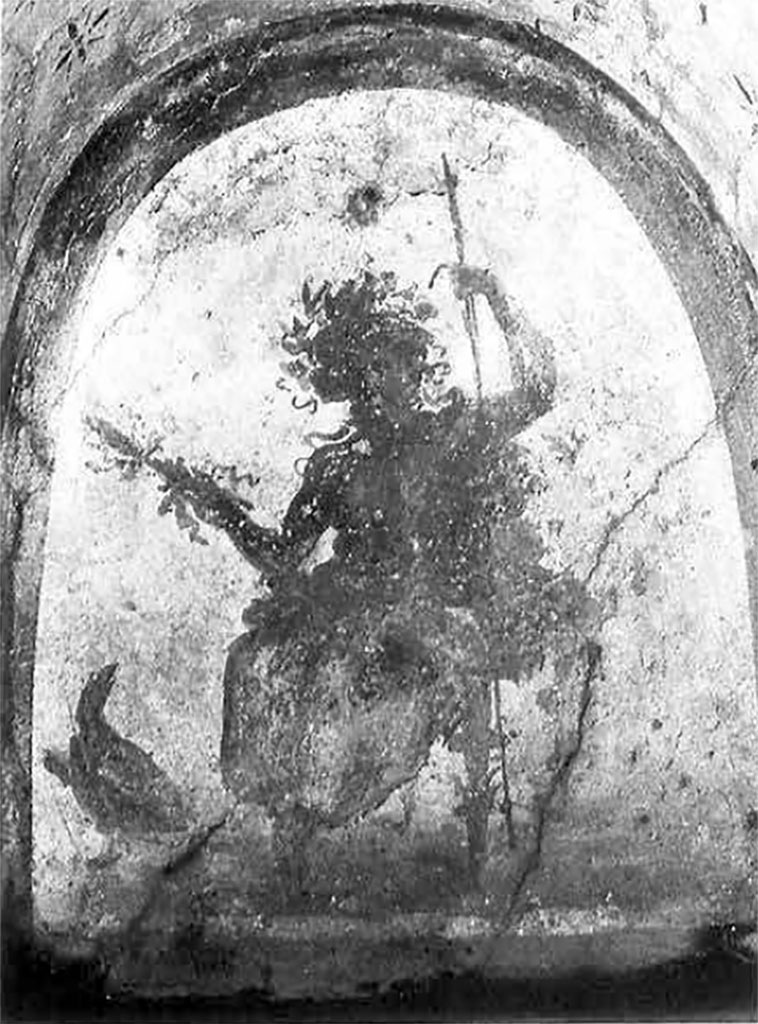 V.2.4 Pompeii. Atrium south wall. Rear of niche with Jupiter seated upon a throne.
See Fröhlich, T., 1991, Lararien und Fassadenbilder in den Vesuvstädten. Mainz: von Zabern. (p.267, L42, taf 35.2).