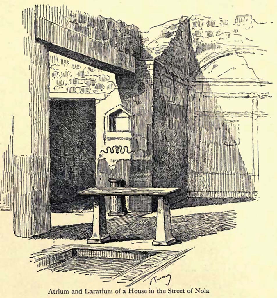 V.2.15 Pompeii. Drawing published in 1900 by Pierre Gusman. 
Looking north across peristyle towards niche, and doorway to room 8, exedra, on right.
See Gusman, P. (1900). Pompei, the city its life and art. (p.111).