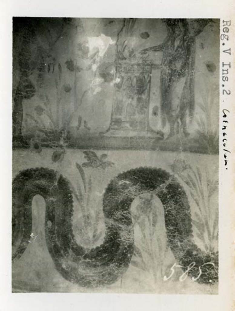 V.2.c Pompeii, but shown as V.2 Cenaculum on the photo. 1937-39. 
Room “b”. Detail from lararium.
Photo courtesy of American Academy in Rome, Photographic Archive. 
Warsher collection no. 585.