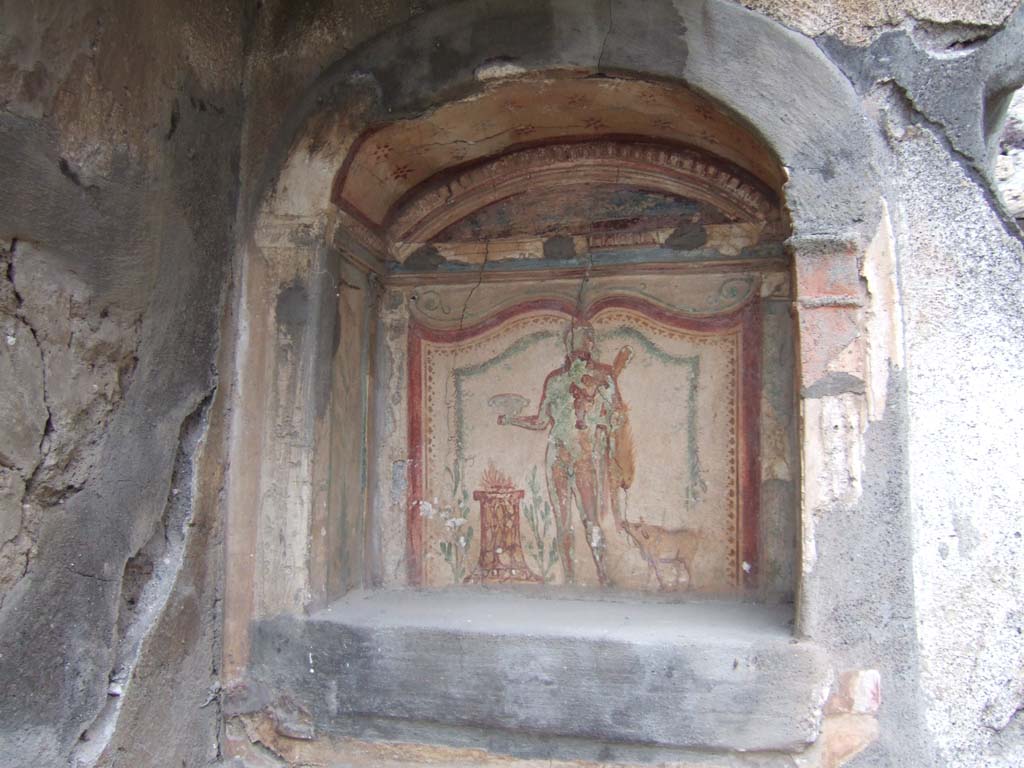 V.2.h Pompeii. December 2005. Lararium niche painting in north wall of area ‘k’.  
Hercules is wearing a lion skin, with a club in his left arm and a Skyphos in his right hand.  
To his left stands a small pig.  To his right is a round altar.
See Fröhlich, T., 1991. Lararien und Fassadenbilder in den Vesuvstädten. Mainz: von Zabern. (p.269, L48, T:32).