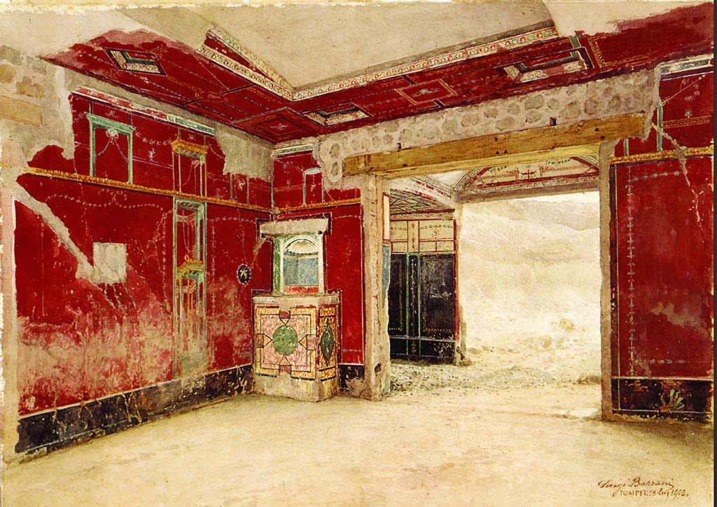 V.3.4 Pompeii. 25th July 1902. Watercolour by Luigi Bazzani.
Looking towards lararium in north-west corner of tablinum, and showing detail of painted ceiling.
Now in Museo Nazionale di Capodimonte, inv. no. 2338.
See Carratelli, G. P., 2003. Pompei: La documentazione nell'Opera di disegnatori e pittori dei secoli XVIII e XIX. 
Roma: Istituto della enciclopedia italiana, p. 1023, fig. 1.