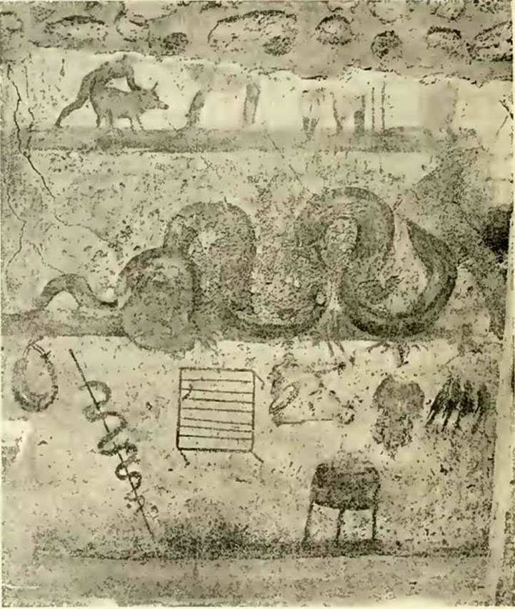 V.4.3 Pompeii. 1901 photograph of lararium painting on east wall of kitchen.
See Notizie degli Scavi di Antichità, 1901, p. 258-9, fig. 2.