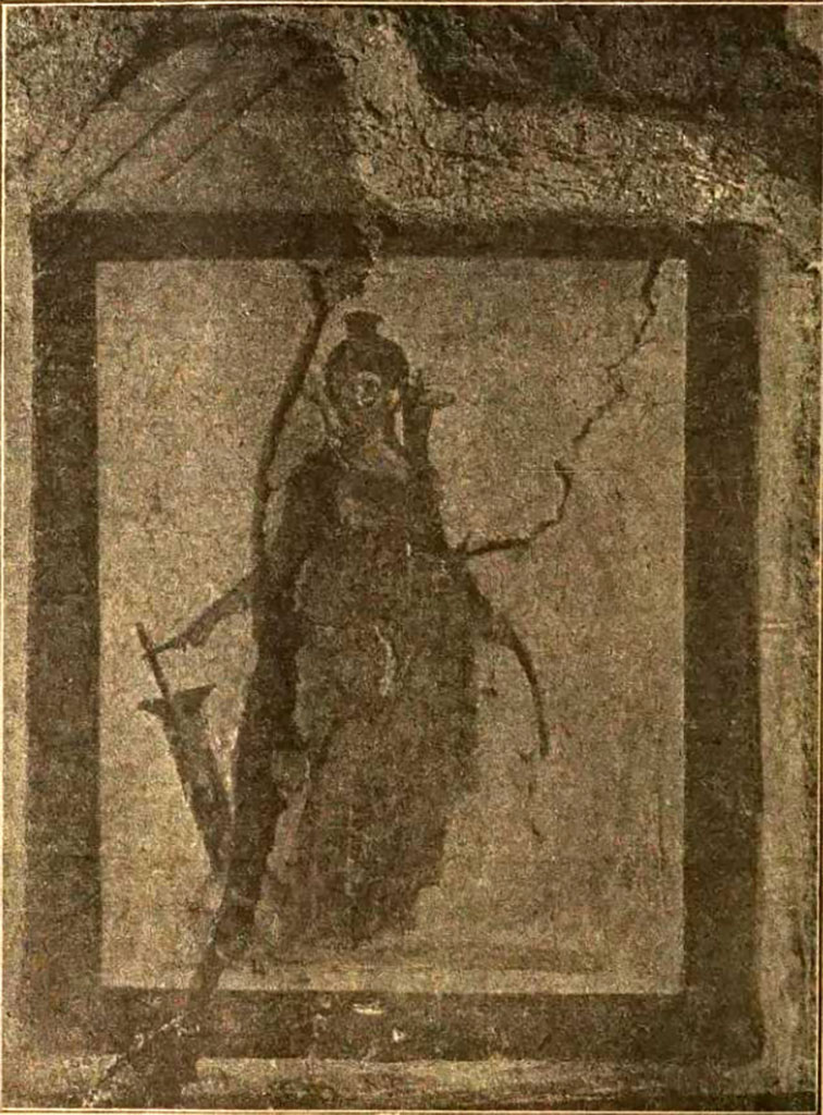 V.4.9 Pompeii. 1899. Painting of Fortuna with rudder, from south wall near latrine.
According to Boyce, the painting had a wide black border on all of its sides. 
Its dimensions including the wide black border surrounding it on all sides, h.0.55, w.0.44.
Fortuna was shown standing beneath a painted aedicula.
She was wearing a red chiton and green mantle, with a small modius on her head.
In her right hand was a rudder, in her left she held a cornucopia against her shoulder.
See Boyce G. K., 1937. Corpus of the Lararia of Pompeii. Rome: MAAR 14. (p.41, no.122).
See Notizie degli Scavi di Antichità, 1899, (p.346)