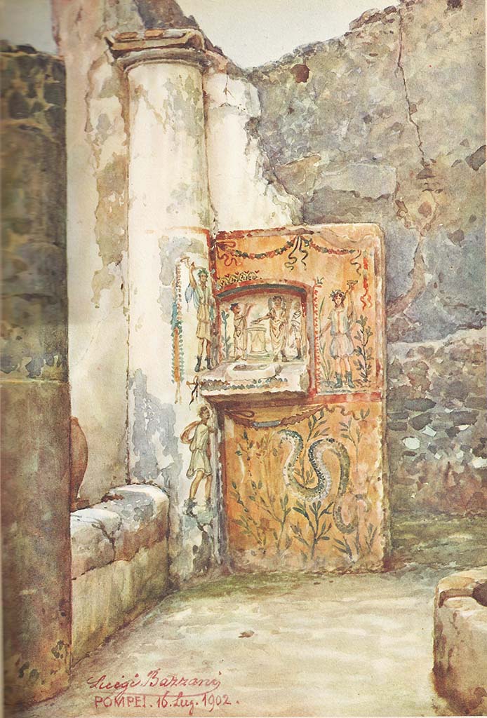 V.4.b Pompeii. 1902 painting of lararium by Luigi Bazzani.
This painting shows the lararium with Genius and tibicen, found on the east wall of the atrium, near the kitchen doorway. 
Underneath the niche, to the left on the pillar, was a representation of Mercury. 
The pillar was in the south-east corner of the garden portico.