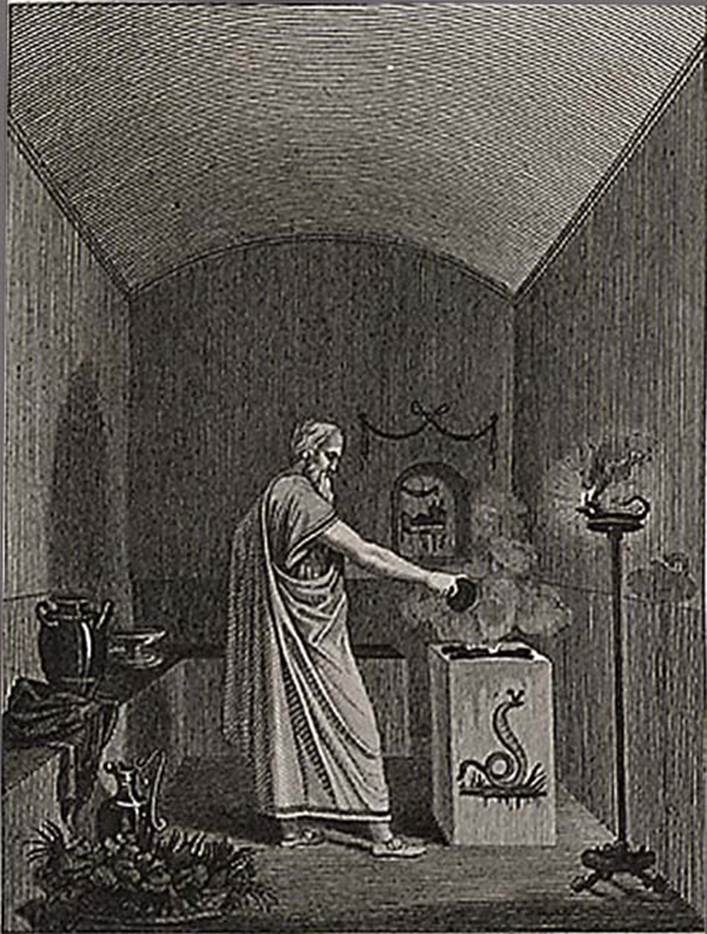VI.1.1 Pompeii. Drawing by Mazois, 1824, of windowless sacrarium, looking north. 
See Mazois, F., 1824. Les Ruines de Pompei: Second Partie. Paris: Firmin Didot. (p. 47 and pl. X, fig. 1).