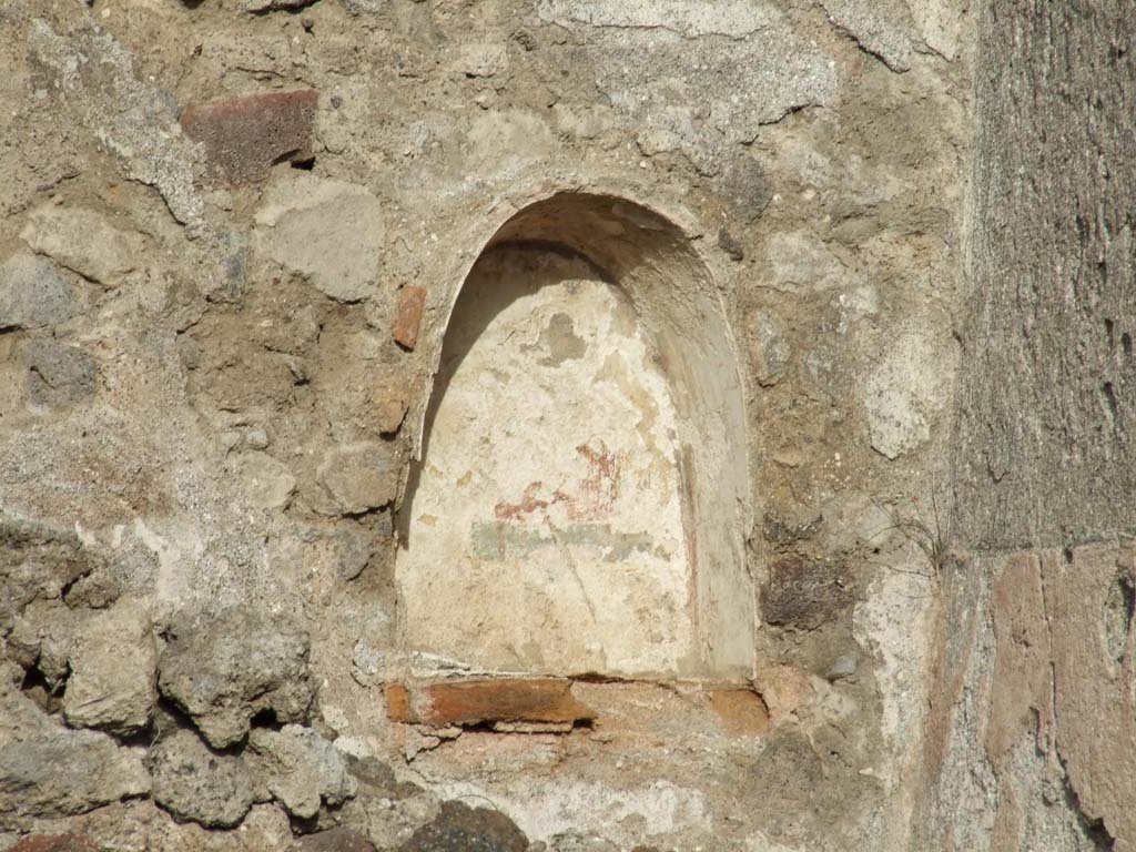 VI.1.1 Pompeii. December 2007. Niche with vaulted ceiling, on north wall. 
Originally this was at the east end of the north wall of a windowless sacrarium.
The walls of the niche were coated with white stucco with floral ornaments. 
The rear wall was outlined with red stripes and had a painting of a wreathed figure.
On the floor in front, but near the north wall, stood a masonry altar decorated with the figure of a pig which wore a garland on its head.
See Fiorelli G., 1860. Pompeianarum antiquitatum historia, Vol. 1: 1748 - 1818, Naples, ii, 36 (March 8 1787).
See Boyce G. K., 1937. Corpus of the Lararia of Pompeii. Rome: MAAR 14. (p.43, no.132, Pl.40, 3 & 4).
See Mazois, F., 1824. Les Ruines de Pompei : Second Partie. Paris: Firmin Didot. (p. 47 and pl. 10, 1 & 2).