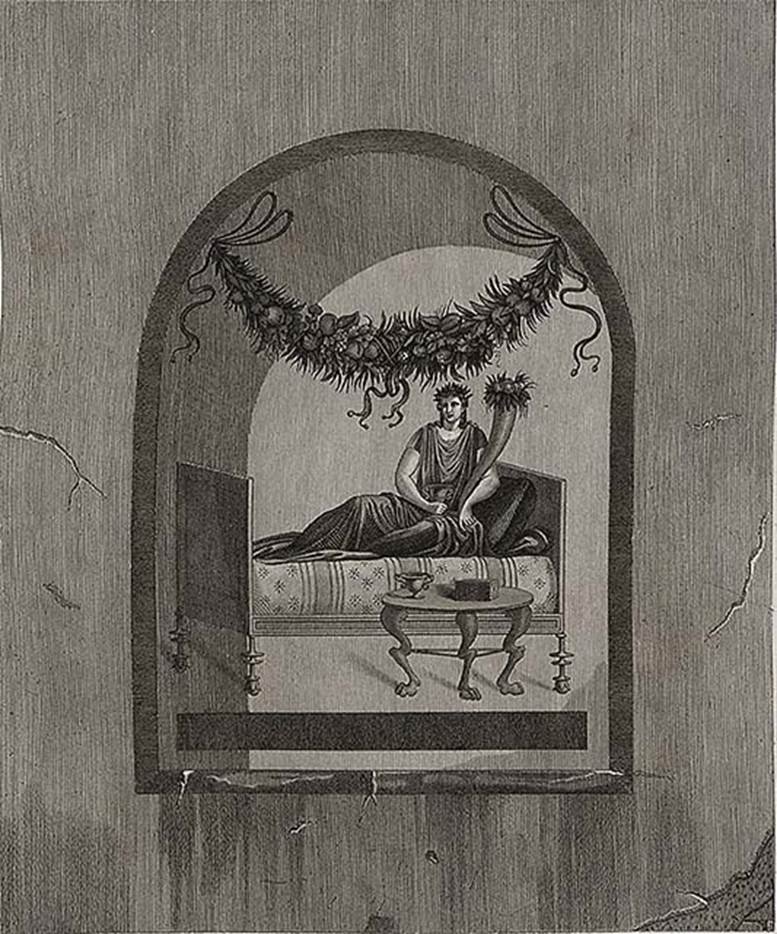 VI.1.1 Pompeii. 1824 drawing by Mazois of painting in the niche. 
Windowless sacrarium, at east end of north wall. 
Mazois described a figure reclining on a couch, with a green mantle wrapped around her legs. 
In her left hand she held a cornucopia and in the right a kantharos. 
A table, on which were a cup and a box, was in front of the couch. 
Above was a heavy garland with fruit.
See Mazois, F., 1824. Les Ruines de Pompei: Second Partie. Paris: Firmin Didot. (p. 47 and pl. X, fig. 2).