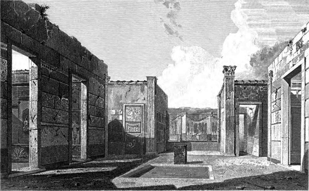VI.2.4 Pompeii. 1852. Looking east across atrium showing east wall of ala (left of centre) and lararium painting with single serpent below.
See Gell, W. and Gandy, J., 1852. Pompeiana: Third Edition. London: Bohn.  (p. 124, pl. 28).
