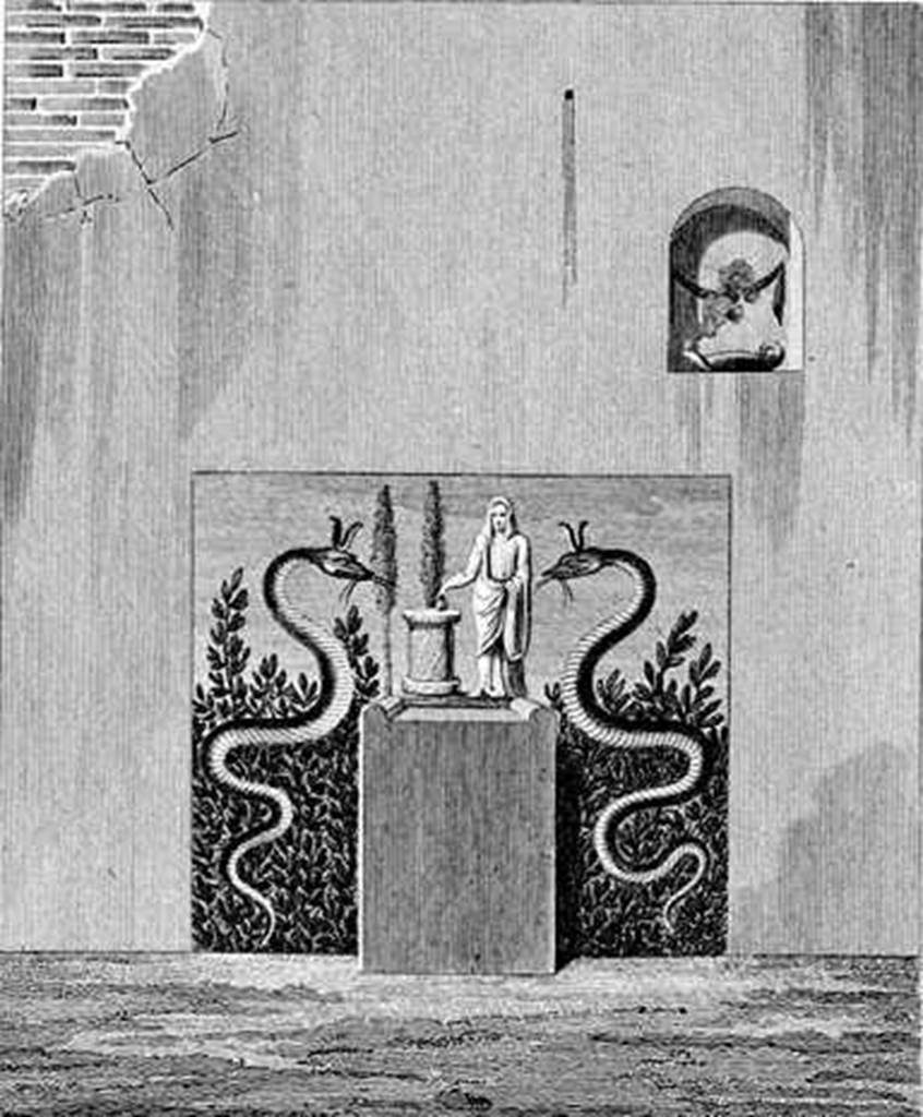 VI.3.7 Pompeii. Mazois drew this picture of a painting, altar and a niche but did not identify their location.  
See Mazois, F., 1824. Les Ruines de Pompei : Second Partie. Paris: Firmin Didot, p. 69, Pl. 24.2. 
Boyce (Plate 12. 4) describes this "as it appeared shortly after discovery in 1810" From Mazois II pl. 24, 2. 
According to Boyce, the niche was undecorated, but the altar was coated with red stucco. 
Behind the altar was a rectangle of white stucco, which served as a background for the Lararium painting.
Boyce makes the comment that there is a remarkable similarity between this, as reproduced by Mazois, and his painting of the shrine in the Temple of Isis, without the niche, in Vol. IV, pl.11, 5 of the same work.
See Boyce G. K., 1937. Corpus of the Lararia of Pompeii. Rome: MAAR 14. (p.45, and pl.12,2 and 4) 
See Giacobello, F., 2008. Larari Pompeiani: Iconografia e culto dei Lari in ambito domestico. Milano: LED Edizioni. (p.172, no.49).