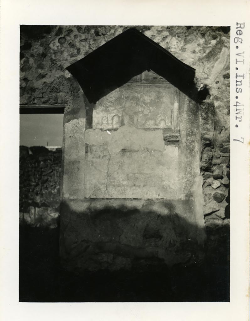 VI.4.4 Pompeii but shown as VI.4.7 on photo. Pre-1937-39. Lararium shrine on north wall.
Photo courtesy of American Academy in Rome, Photographic Archive. Warsher collection no. 018.
See Boyce G. K., 1937. Corpus of the Lararia of Pompeii. Rome: MAAR 14.  (p. 46, no. 151).