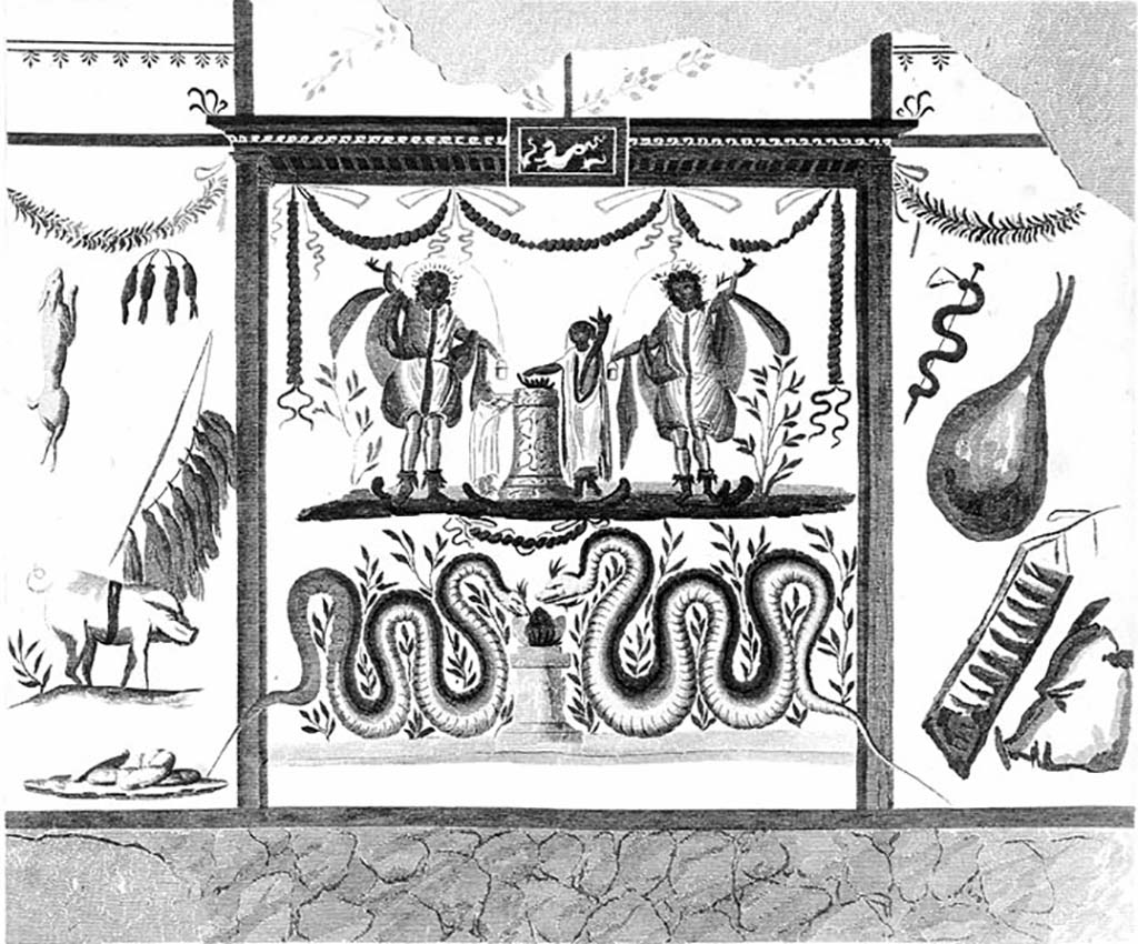 VI.6.1 Pompeii. Room 16, kitchen area in north-west corner of peristyle. 
Sketch by Mazois of the painted lararium that was found on the north wall, but no longer visible.
A genius stood to the right of a blazing round altar.  A very small tibicen was to the left of the altar. 
A tall wreathed Lar, dressed in blue tunic, red Pallium and high boots stood on each side. 
Each Lar was pouring wine from a rhyton to a situla, Garlands and bushes were also in the scene.
In the lower part two huge serpents, in a background of plants, confronted a round altar which had offerings.
See Boyce G. K., 1937. Corpus of the Lararia of Pompeii. Rome: MAAR 14.  (p.46, no.156, Plate 18,1).
See Mazois, F., 1824. Les Ruines de Pompei: Second Partie. Paris: Firmin Didot. (p. 85-7, Pl. XLV, 2).
See Giacobello, F., 2008. Larari Pompeiani: Iconografia e culto dei Lari in ambito domestico. Milano: LED Edizioni. (p. 173, 50).